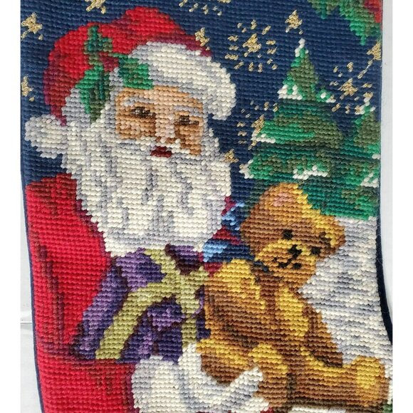 Santa Needlepoint Christmas Stocking Wool Teddy Bear Tree Holly Blue Velvet 18" - Picture 3 of 10